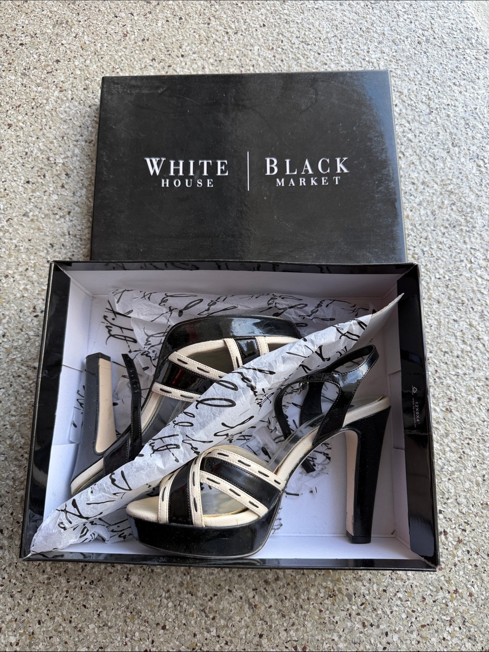 White House Black Market Black and Cream Strappy Platform Sandals